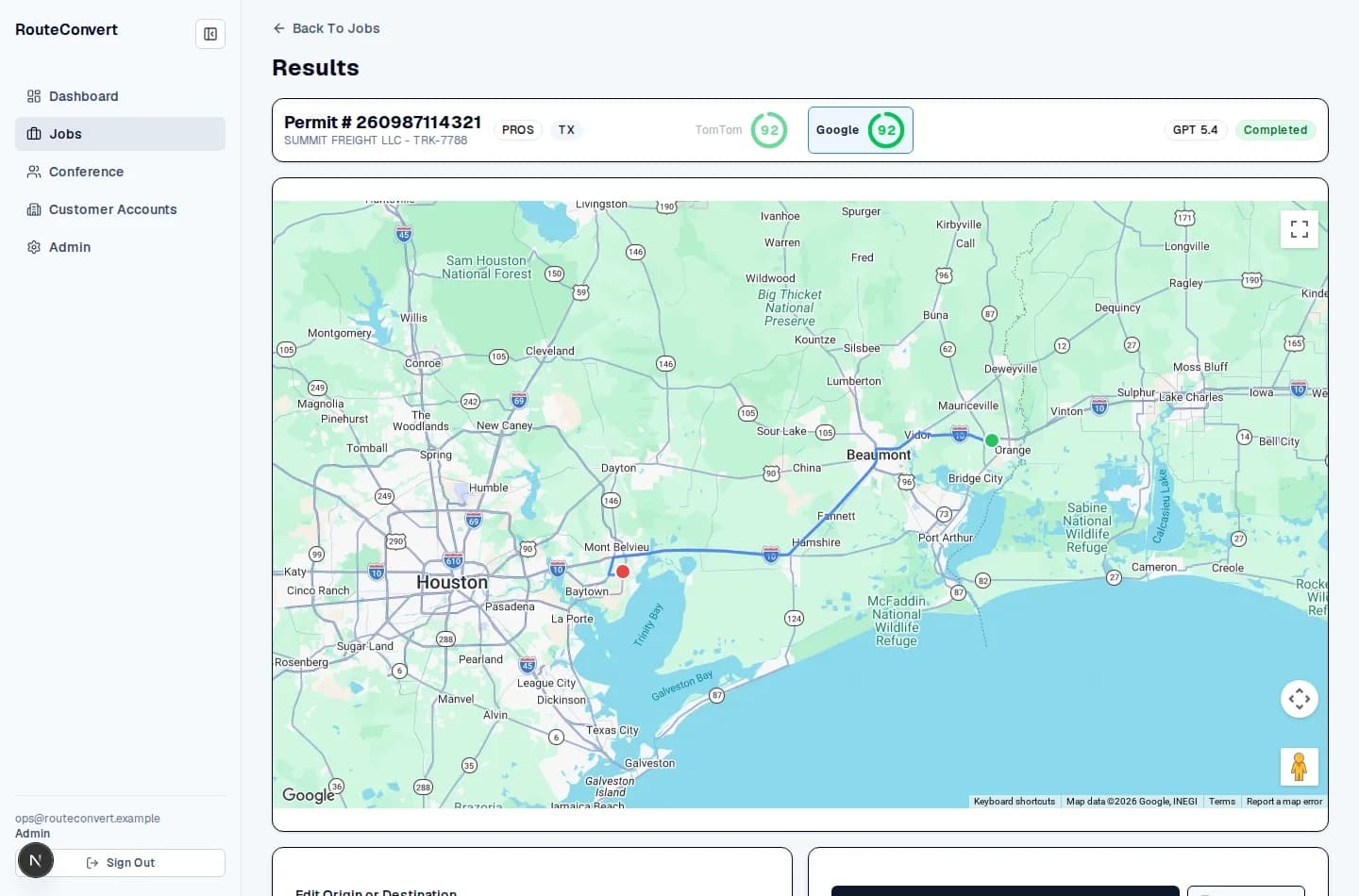 Processed permit: both routing providers score 92 and the approved route is drawn on the map