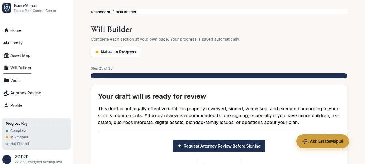 Final step of the will builder, recommending attorney review before signing